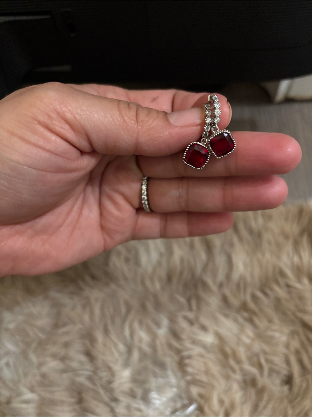 Red Crystal Drop Earrings -Silver Tone